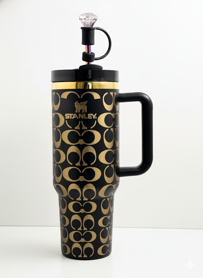 40oz holographic monogram travel cup – black and gold