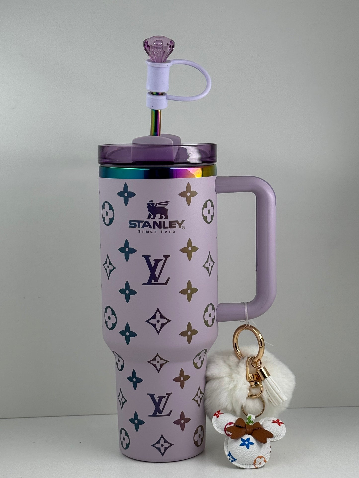 40oz luxury-inspired travel cup, luxury keyring and gem straw topper – lilac